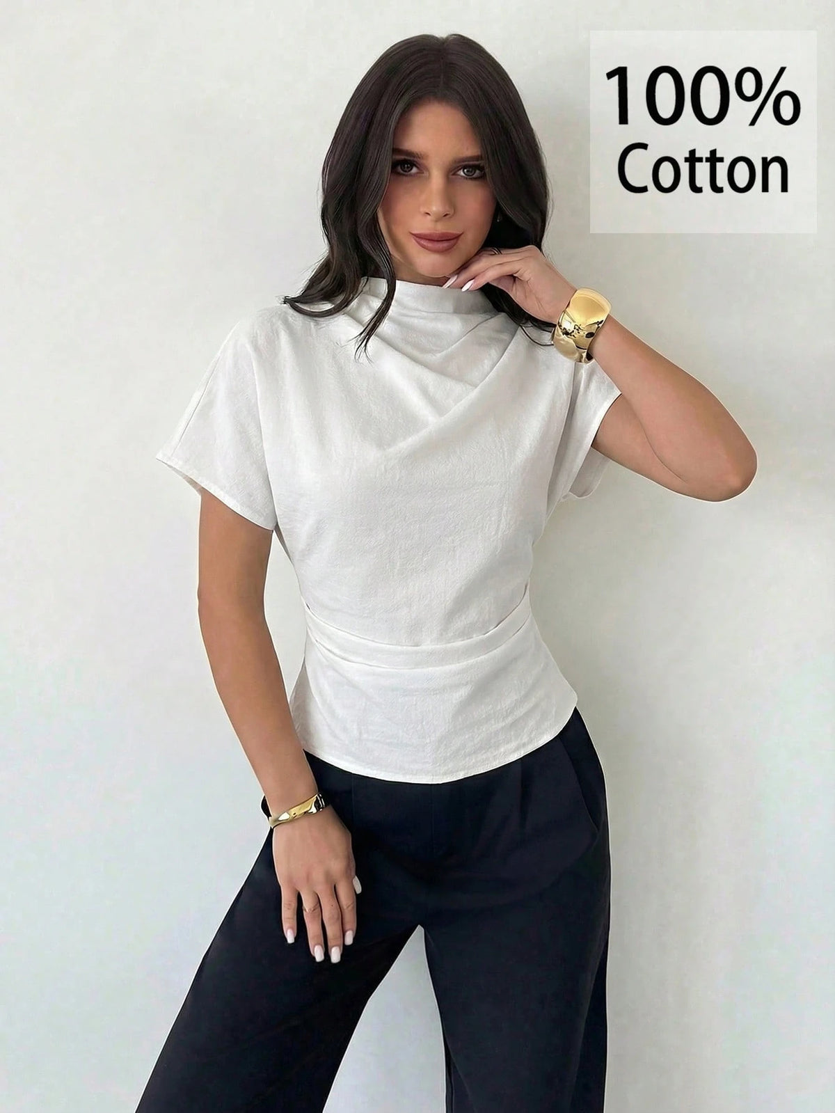 Firerie 100 Cotton White Summer Elegant Minimalist Office Brunch Blouse For Women Crinkle Collar Asymmetrical Sleeve Ruched Cinched Waist Top Teachers' Day