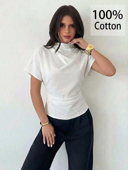 Firerie 100 Cotton White Summer Elegant Minimalist Office Brunch Blouse For Women Crinkle Collar Asymmetrical Sleeve Ruched Cinched Waist Top Teachers' Day