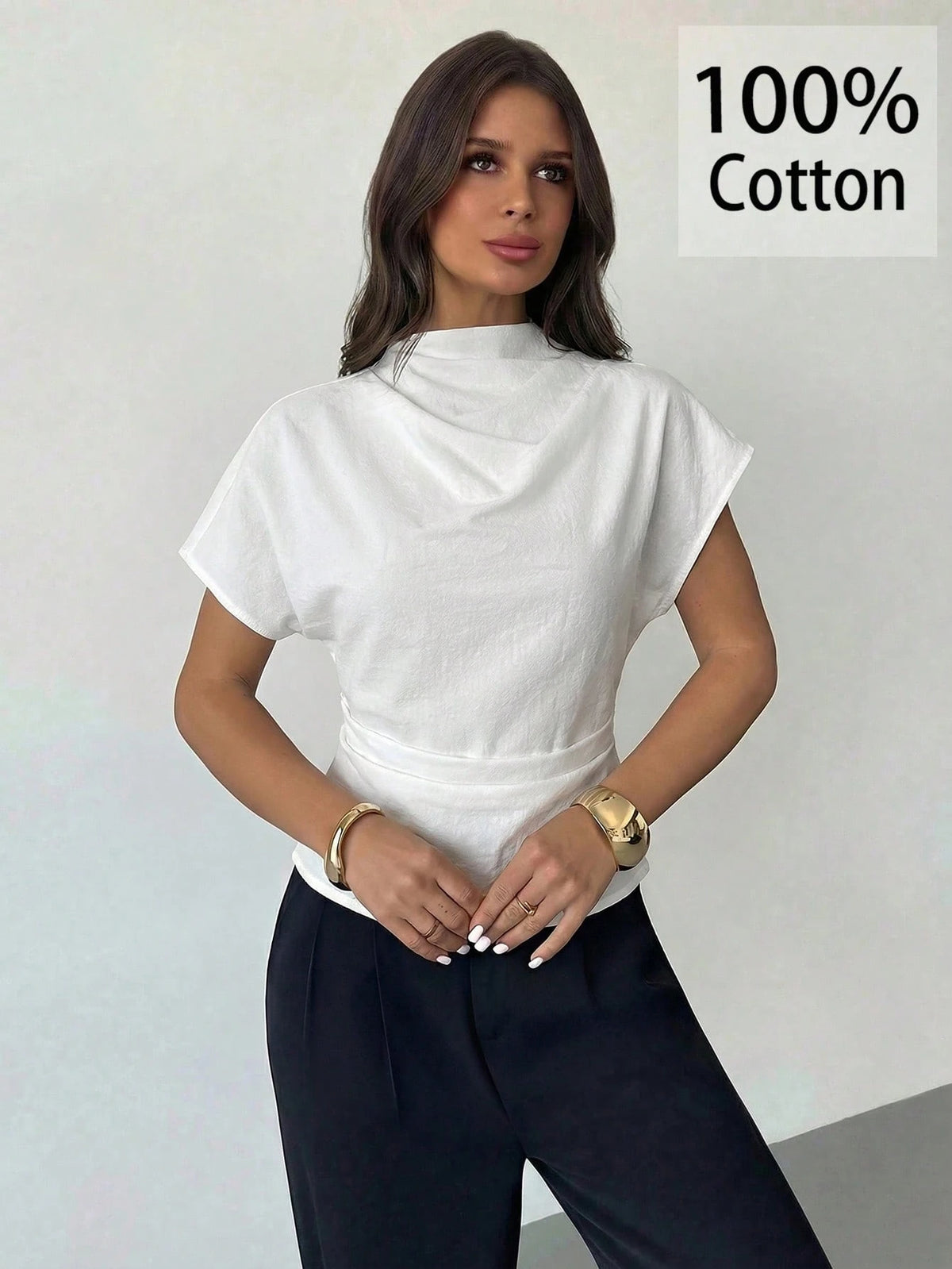Firerie 100 Cotton White Summer Elegant Minimalist Office Brunch Blouse For Women Crinkle Collar Asymmetrical Sleeve Ruched Cinched Waist Top Teachers' Day