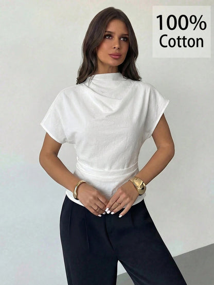 Firerie 100 Cotton White Summer Elegant Minimalist Office Brunch Blouse For Women Crinkle Collar Asymmetrical Sleeve Ruched Cinched Waist Top Teachers' Day