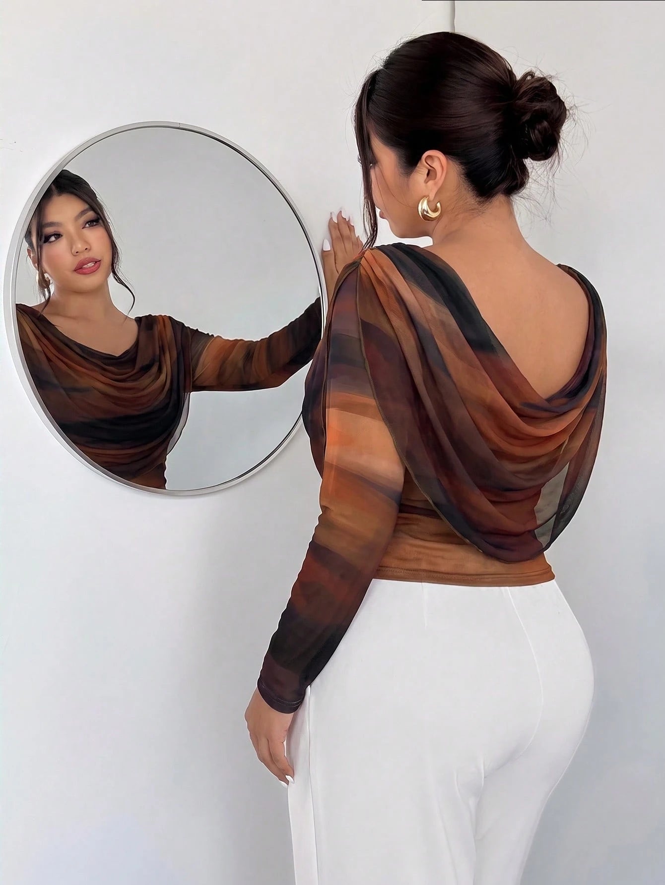 Firerie High-Stretch Long-Sleeve Mesh T-Shirt With Front & Back Cowl Neck And Artistic Gradient Print – Vintage Festival Style T-Shirt For Women Fall/Winter