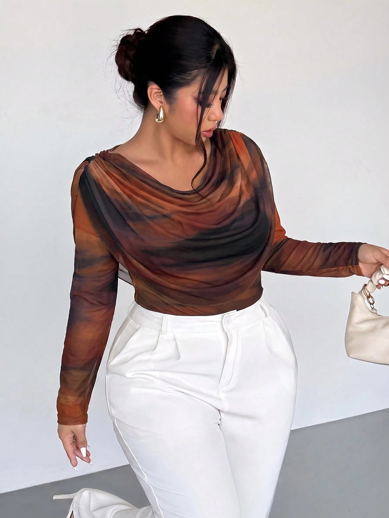 Firerie High-Stretch Long-Sleeve Mesh T-Shirt With Front & Back Cowl Neck And Artistic Gradient Print – Vintage Festival Style T-Shirt For Women Fall/Winter
