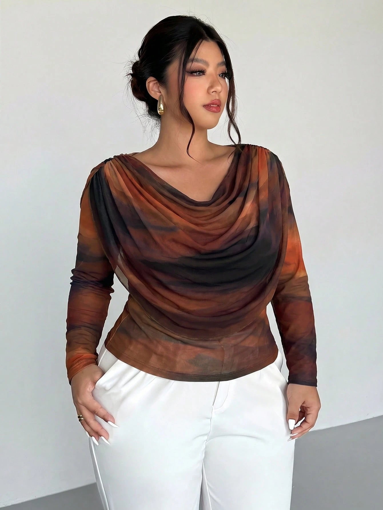 Firerie High-Stretch Long-Sleeve Mesh T-Shirt With Front & Back Cowl Neck And Artistic Gradient Print – Vintage Festival Style T-Shirt For Women Fall/Winter
