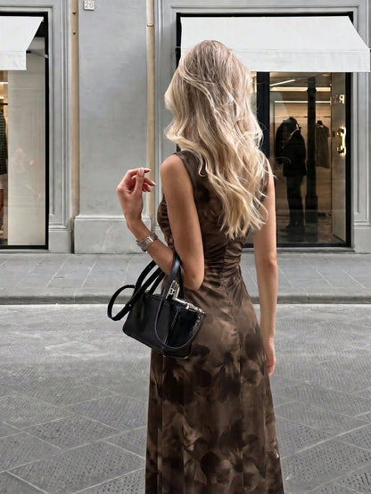 Firerie New Minimalist Elegant Romantic Date Brown Floral Print Daily Commute Brown Small Stand Collar Sleeveless Waist-Cinching Pleated A-Line Maxi Dress