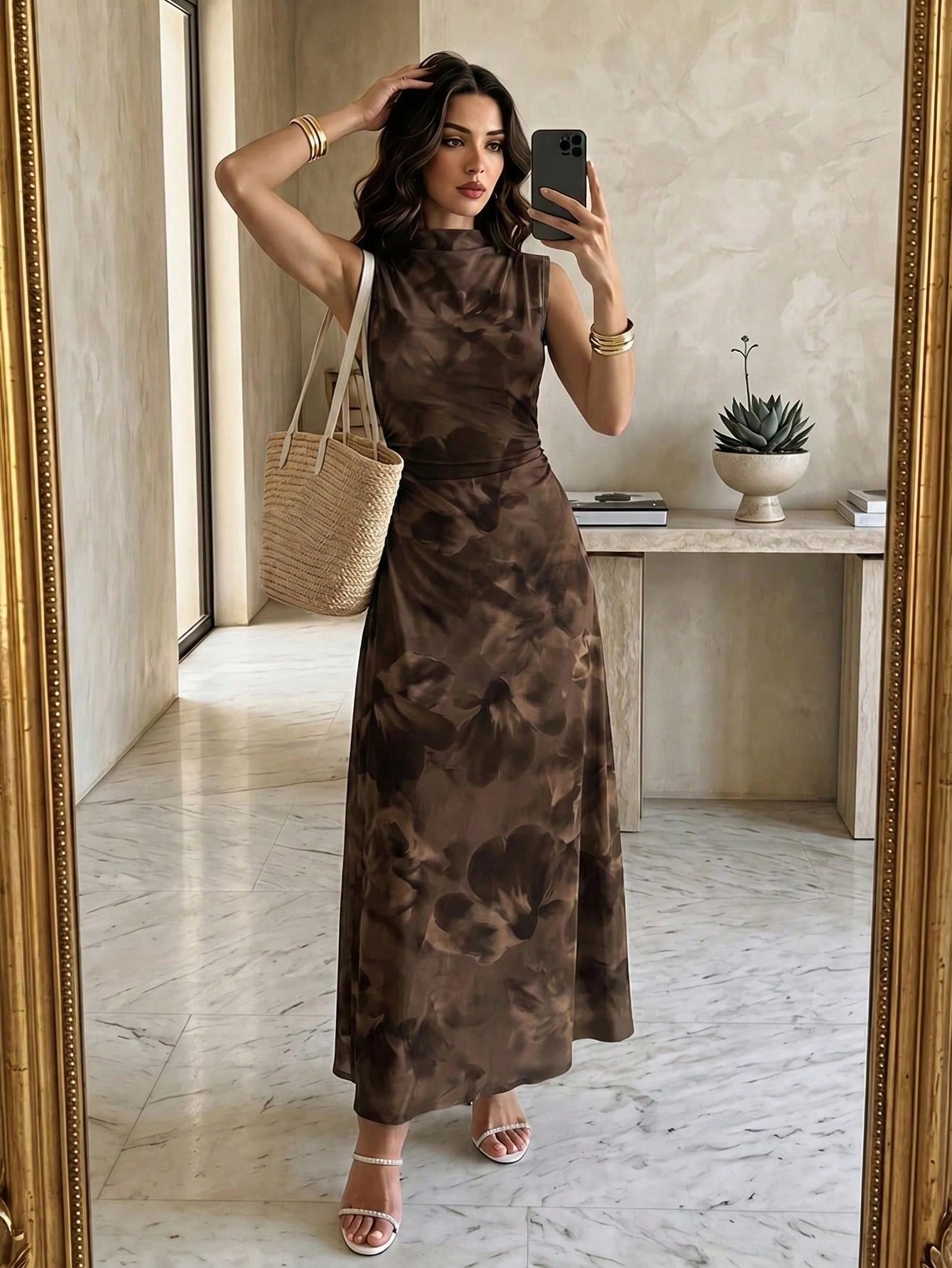 Firerie New Minimalist Elegant Romantic Date Brown Floral Print Daily Commute Brown Small Stand Collar Sleeveless Waist-Cinching Pleated A-Line Maxi Dress