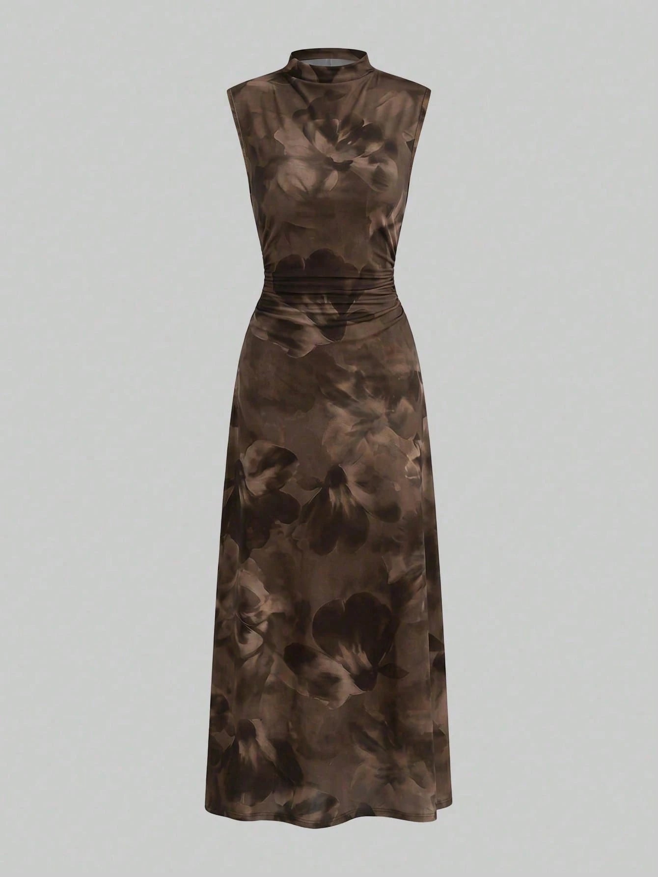 Firerie New Minimalist Elegant Romantic Date Brown Floral Print Daily Commute Brown Small Stand Collar Sleeveless Waist-Cinching Pleated A-Line Maxi Dress