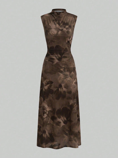 Firerie New Minimalist Elegant Romantic Date Brown Floral Print Daily Commute Brown Small Stand Collar Sleeveless Waist-Cinching Pleated A-Line Maxi Dress