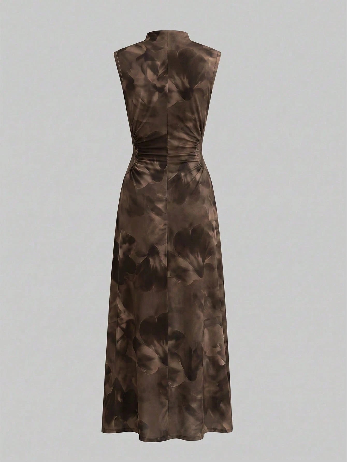 Firerie New Minimalist Elegant Romantic Date Brown Floral Print Daily Commute Brown Small Stand Collar Sleeveless Waist-Cinching Pleated A-Line Maxi Dress