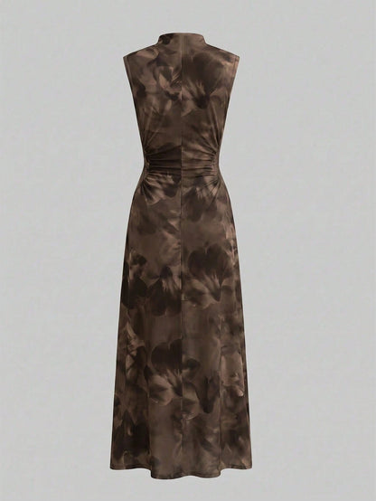 Firerie New Minimalist Elegant Romantic Date Brown Floral Print Daily Commute Brown Small Stand Collar Sleeveless Waist-Cinching Pleated A-Line Maxi Dress