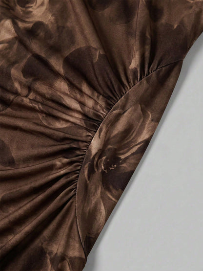 Firerie New Minimalist Elegant Romantic Date Brown Floral Print Daily Commute Brown Small Stand Collar Sleeveless Waist-Cinching Pleated A-Line Maxi Dress
