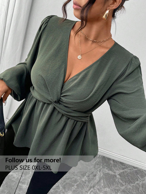 Firerie Plus Size Casual Twist Hem Long Sleeve Shirt, Green Fall