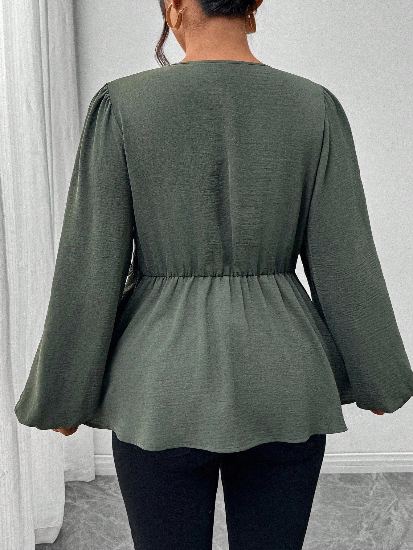Firerie Plus Size Casual Twist Hem Long Sleeve Shirt, Green Fall
