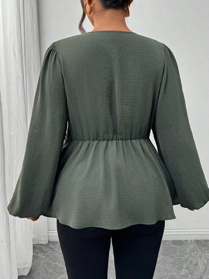 Firerie Plus Size Casual Twist Hem Long Sleeve Shirt, Green Fall
