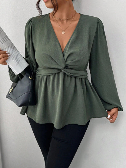 Firerie Plus Size Casual Twist Hem Long Sleeve Shirt, Green Fall