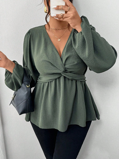 Firerie Plus Size Casual Twist Hem Long Sleeve Shirt, Green Fall