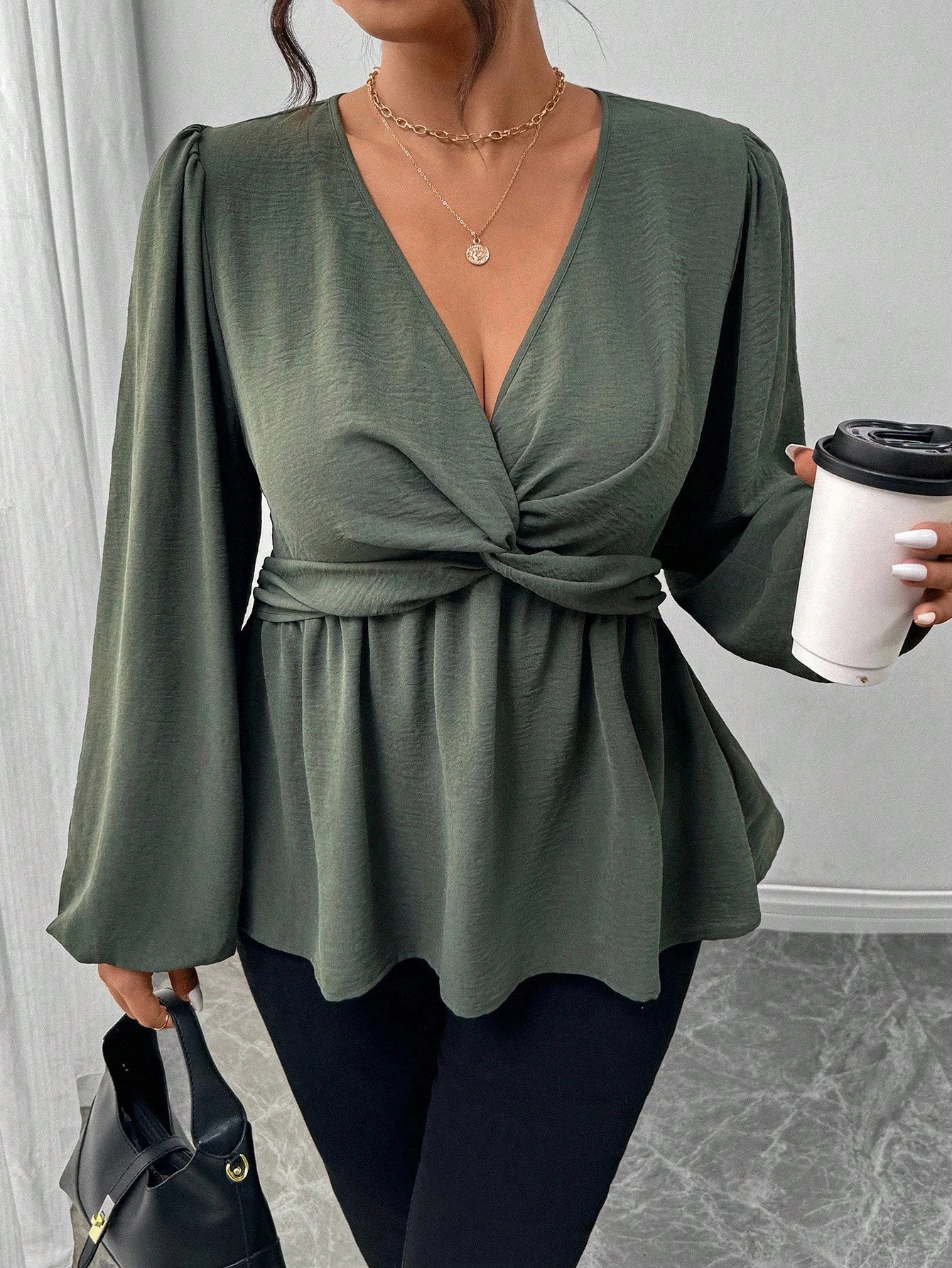 Firerie Plus Size Casual Twist Hem Long Sleeve Shirt, Green Fall