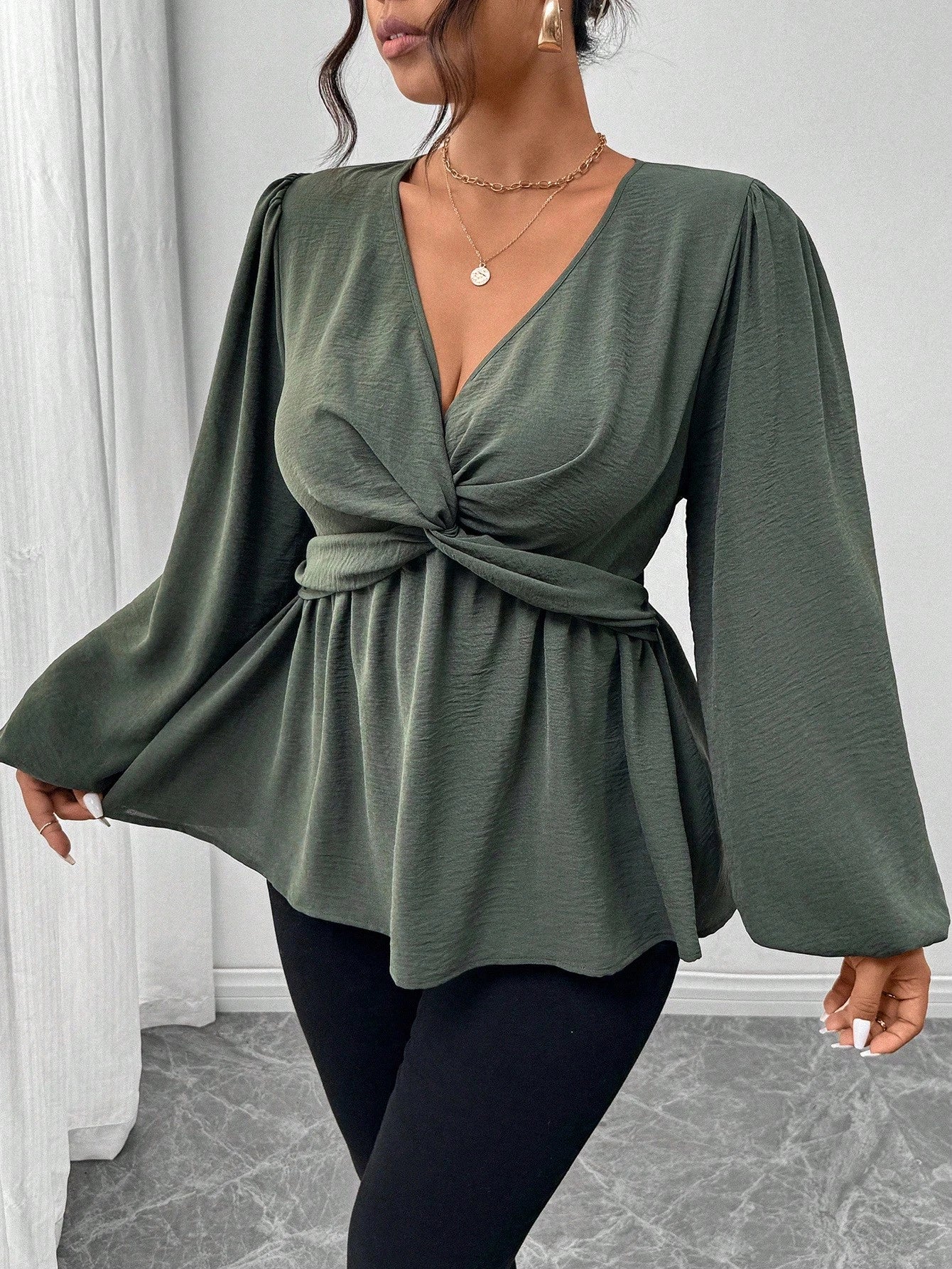 Firerie Plus Size Casual Twist Hem Long Sleeve Shirt, Green Fall