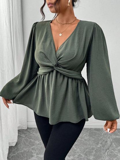Firerie Plus Size Casual Twist Hem Long Sleeve Shirt, Green Fall