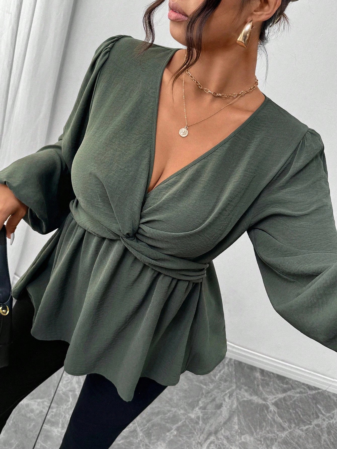 Firerie Plus Size Casual Twist Hem Long Sleeve Shirt, Green Fall