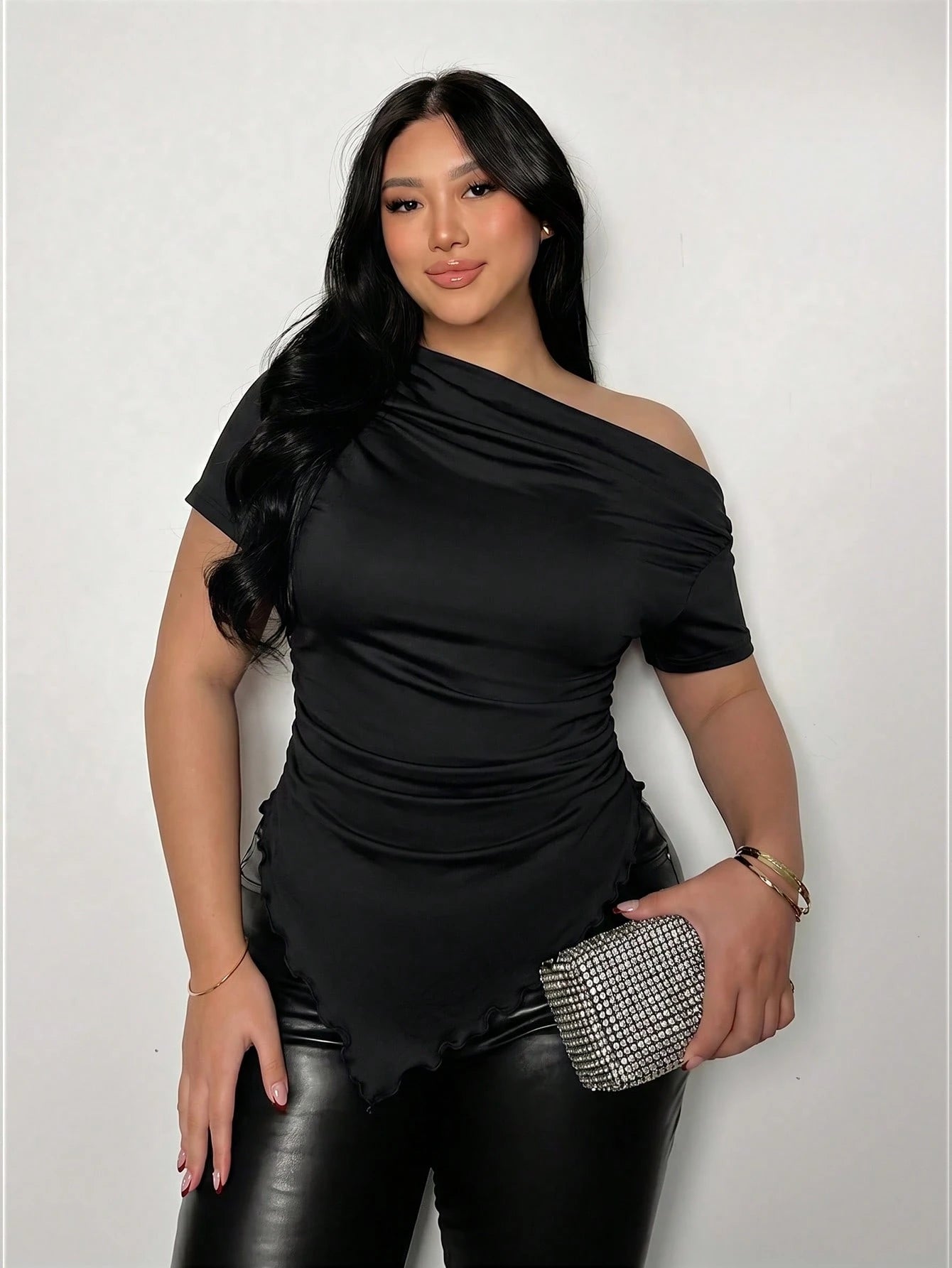 Firerie Plus Size Women's Fashionable Solid Color Asymmetric T-Shirt, Summer Black T-Shirt Party Going Out Rave Tea Party Shirt For Women Elegant Sexy