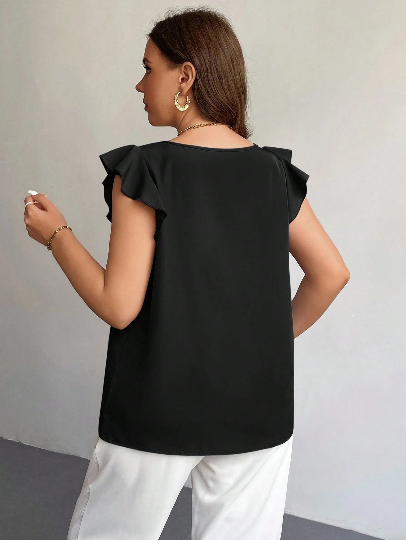 Firerie Plus Summer Simple Solid Ruffle Trim Blouse Spring