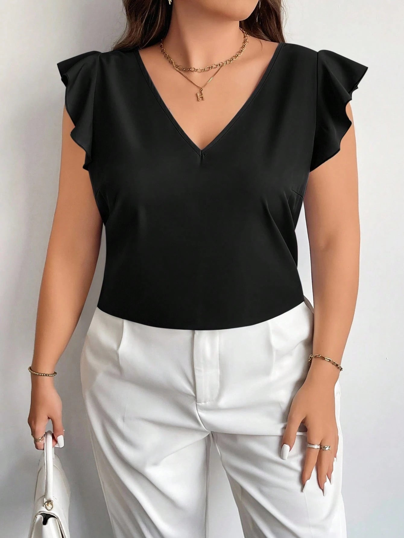 Firerie Plus Summer Simple Solid Ruffle Trim Blouse Spring