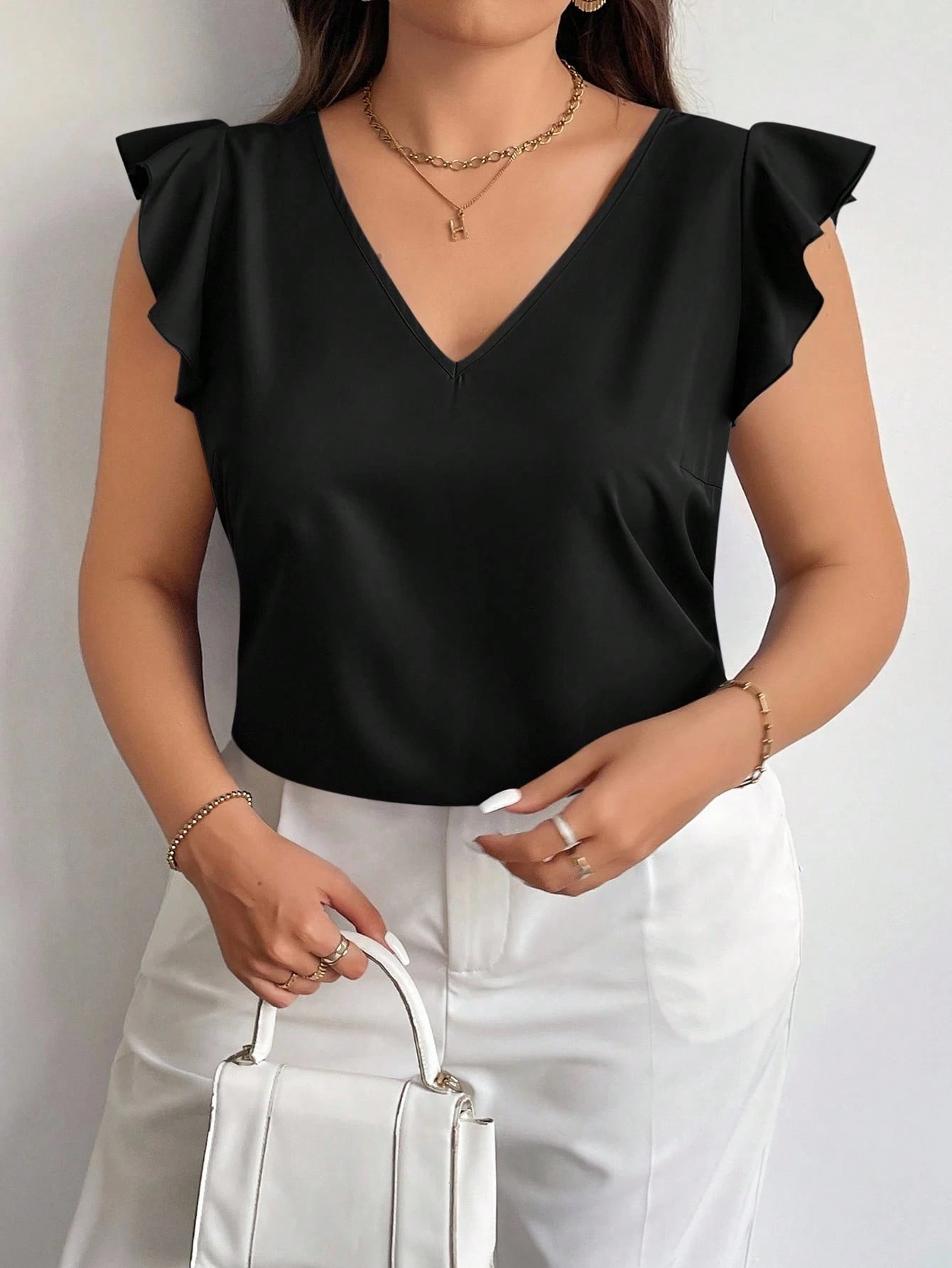Firerie Plus Summer Simple Solid Ruffle Trim Blouse Spring