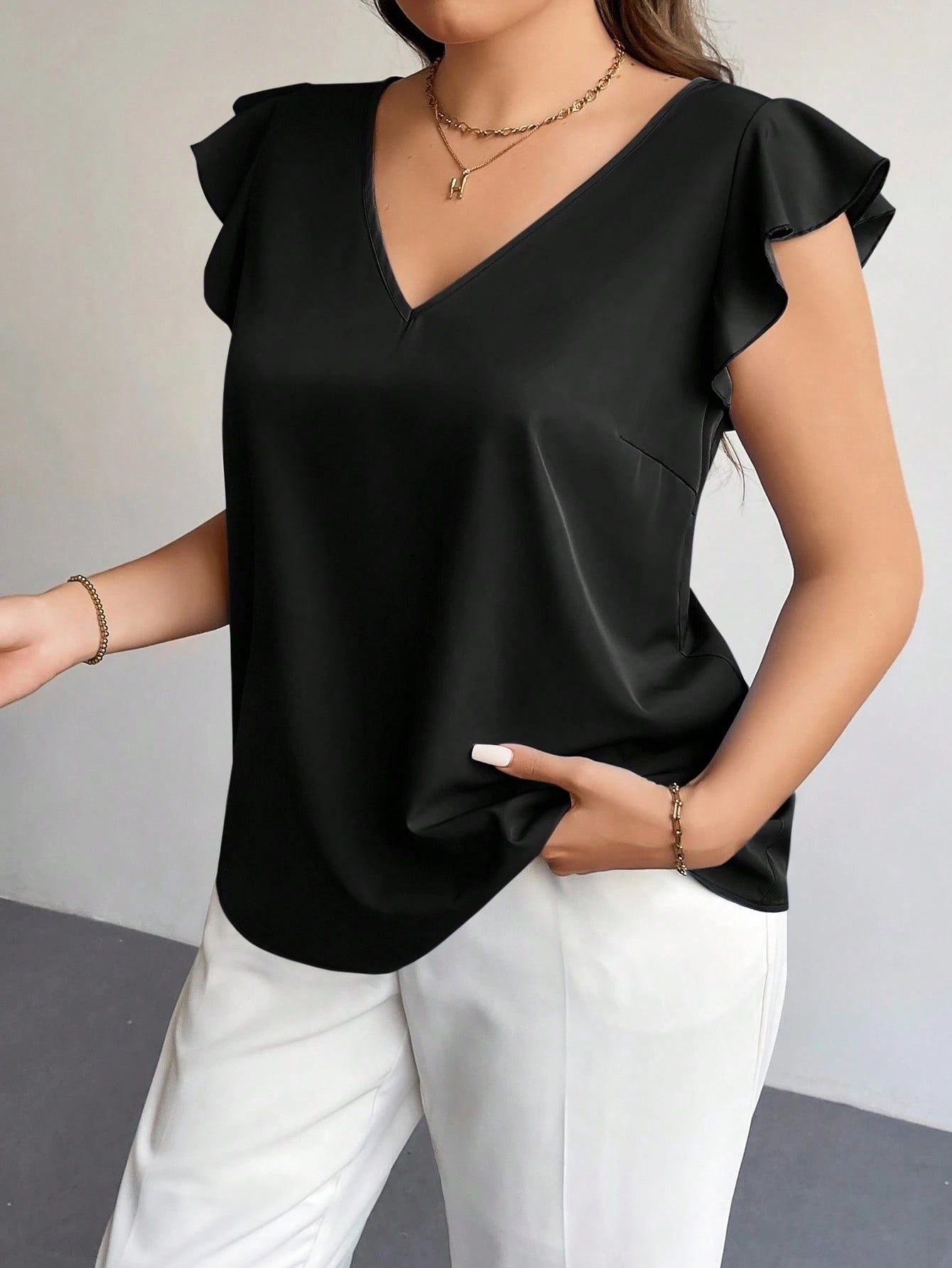 Firerie Plus Summer Simple Solid Ruffle Trim Blouse Spring