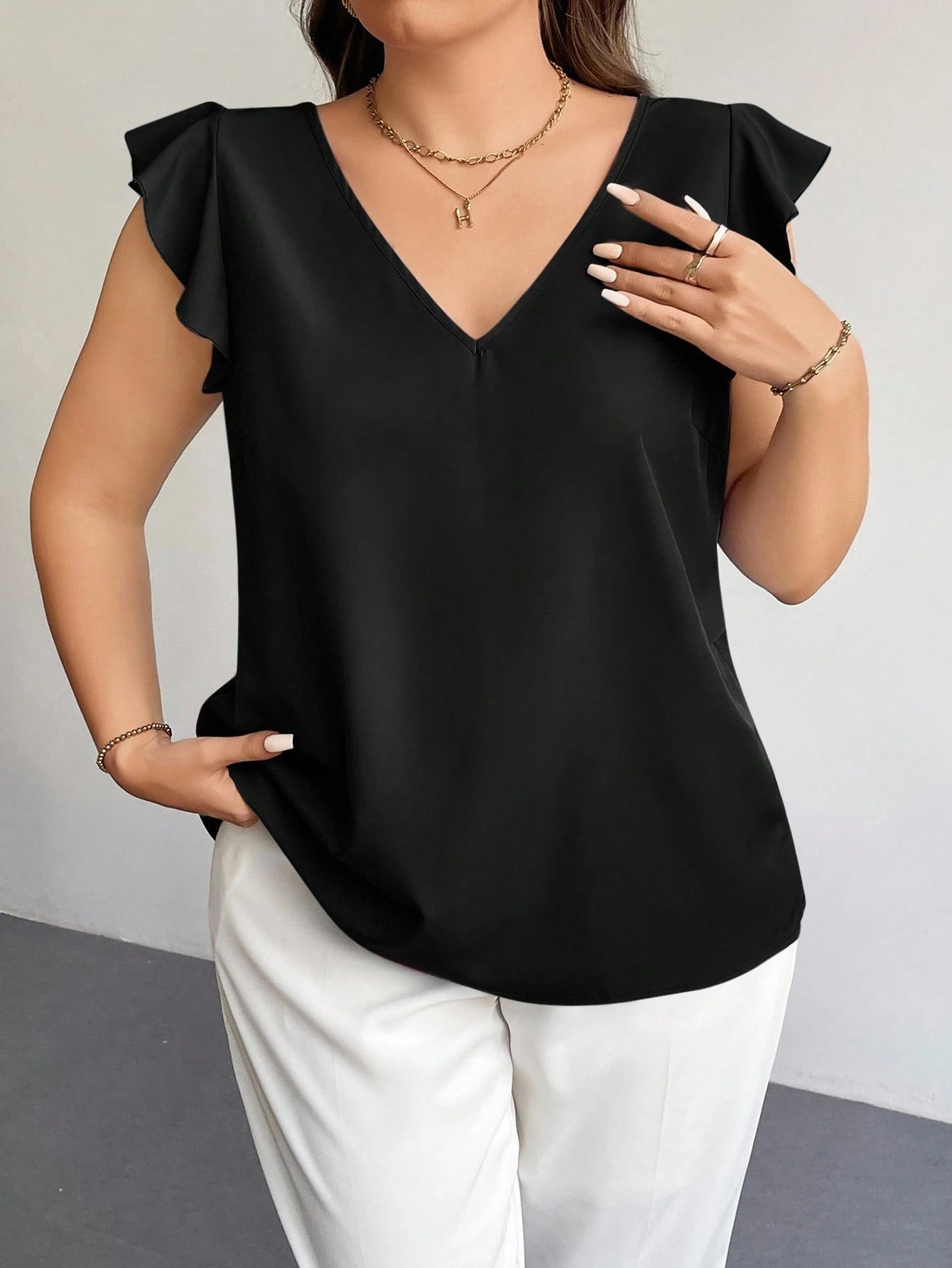 Firerie Plus Summer Simple Solid Ruffle Trim Blouse Spring