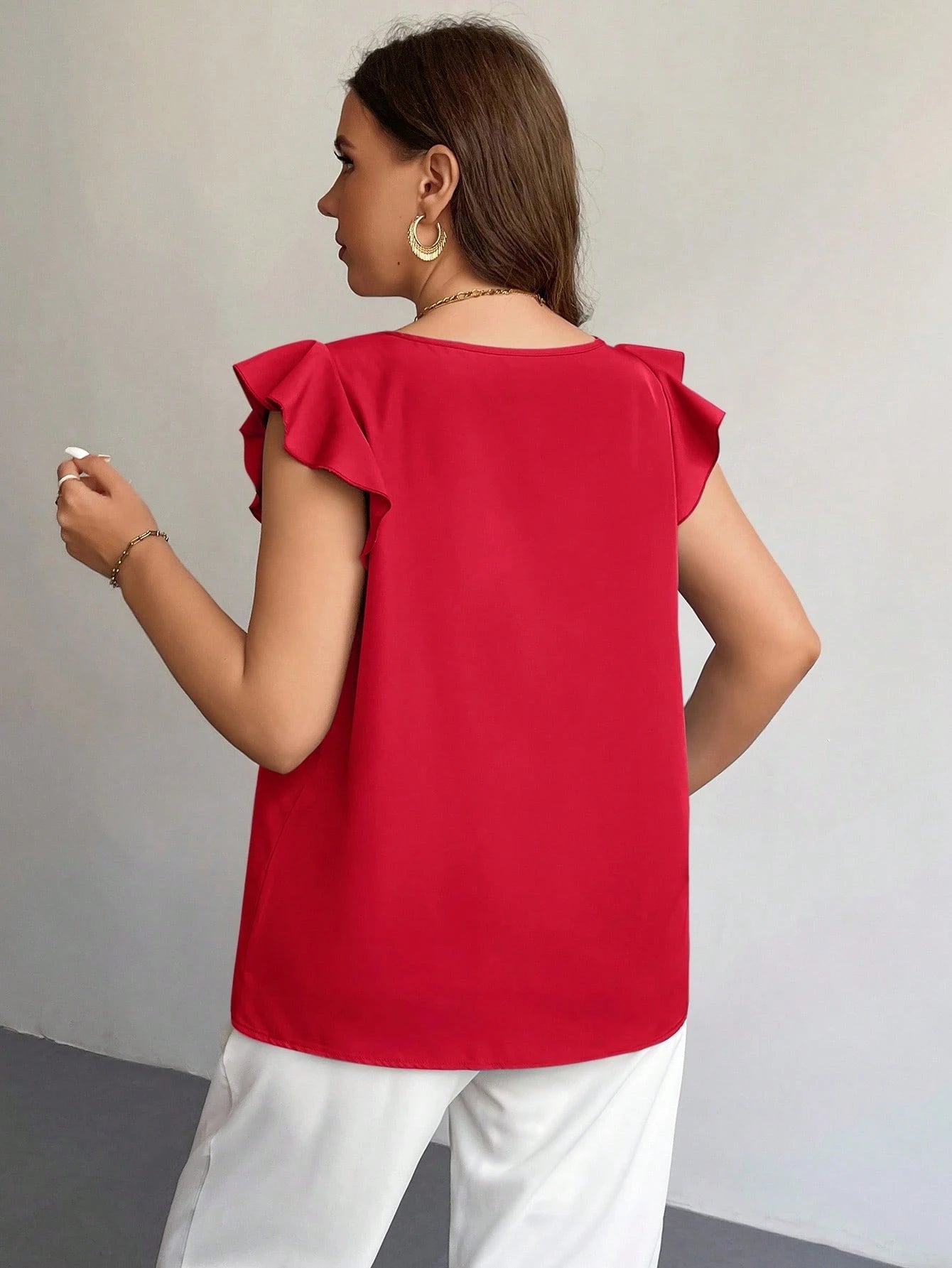 Firerie Plus Summer Simple Solid Ruffle Trim Blouse Spring