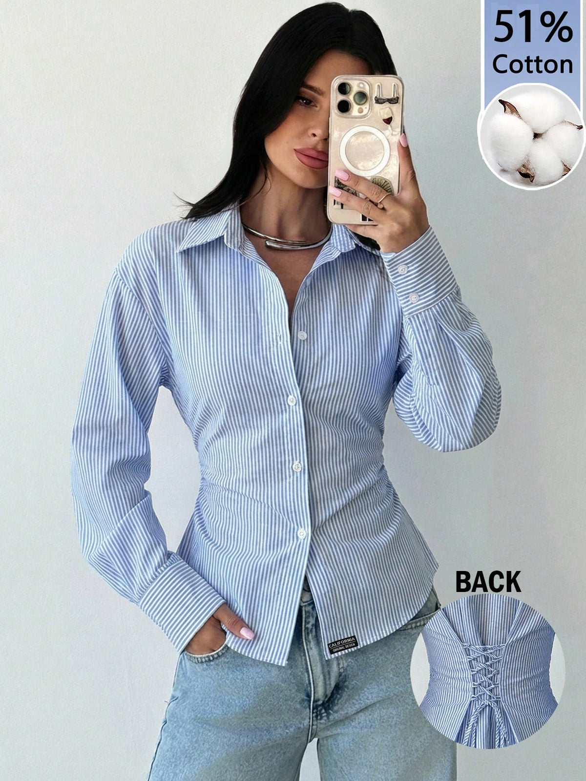 Firerie Women's 51% Cotton Light Blue And White Striped Long Sleeve Tie-Waist Shirt,Summer Casual Office Commuter Blouse,Cinched Waist Elegant Bohemian Top