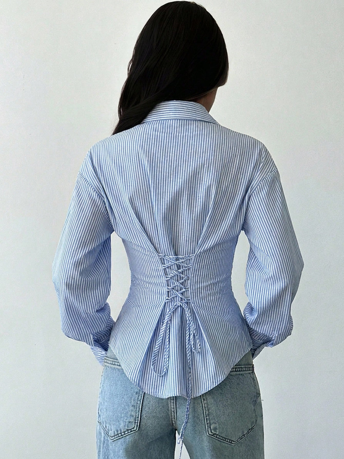 Firerie Women's 51% Cotton Light Blue And White Striped Long Sleeve Tie-Waist Shirt,Summer Casual Office Commuter Blouse,Cinched Waist Elegant Bohemian Top