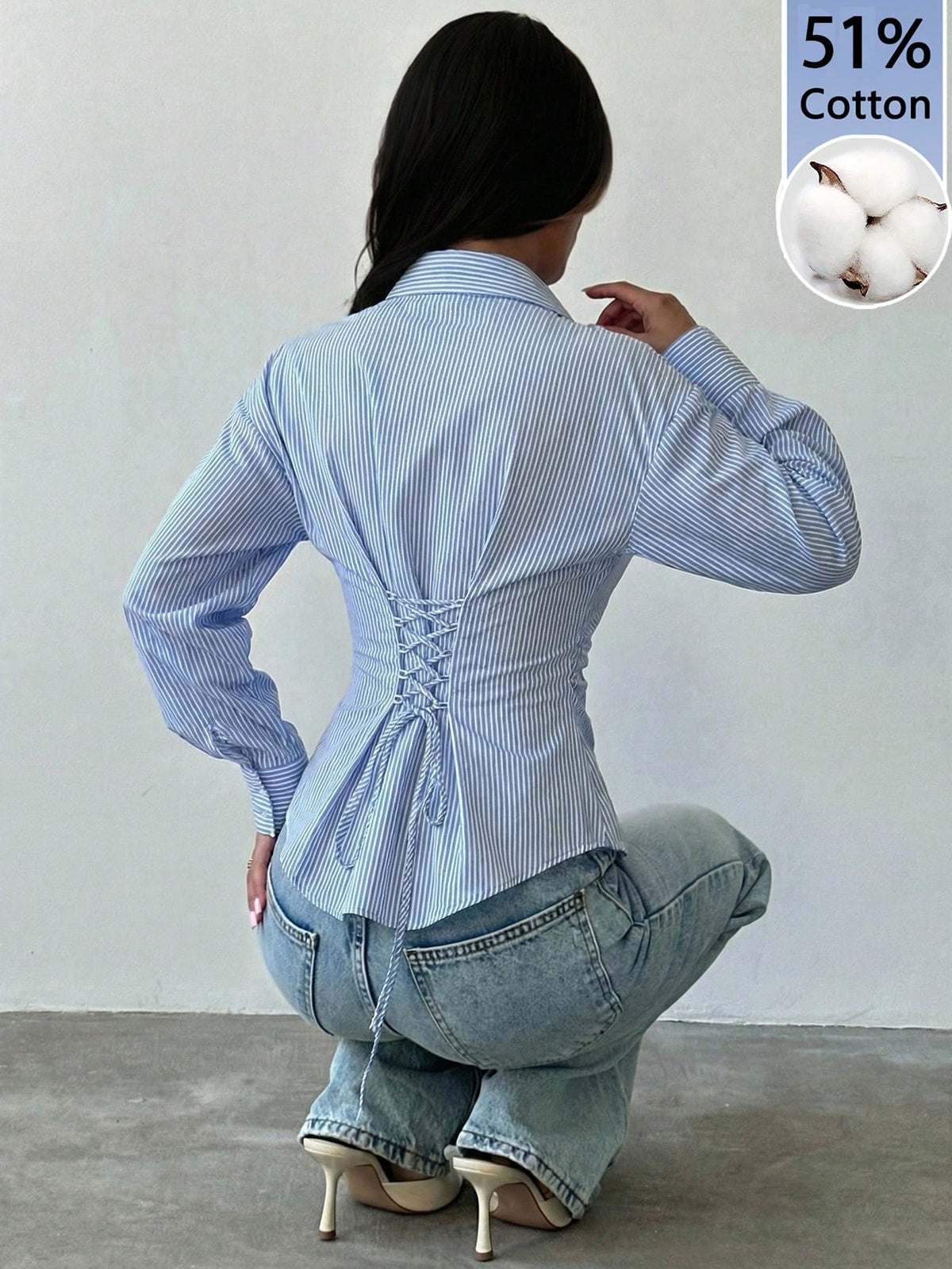 Firerie Women's 51% Cotton Light Blue And White Striped Long Sleeve Tie-Waist Shirt,Summer Casual Office Commuter Blouse,Cinched Waist Elegant Bohemian Top