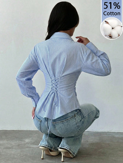 Firerie Women's 51% Cotton Light Blue And White Striped Long Sleeve Tie-Waist Shirt,Summer Casual Office Commuter Blouse,Cinched Waist Elegant Bohemian Top