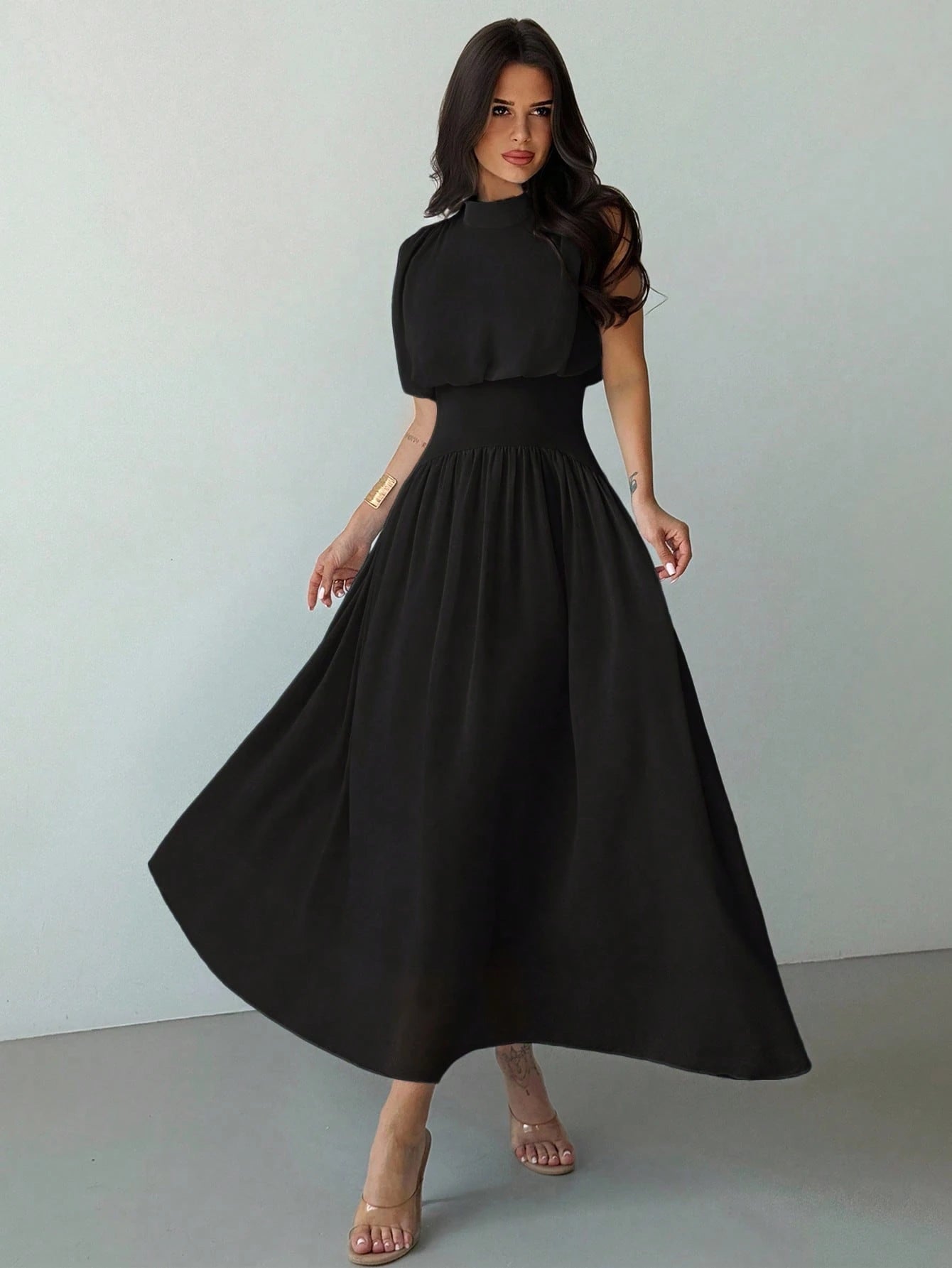 Firerie Women's Black Summer Elegant High Neck Cinched Waist A-Line Maxi Dress,Party Night Boho Beach Vacation Wedding Graduation Prom Performance Outfit
