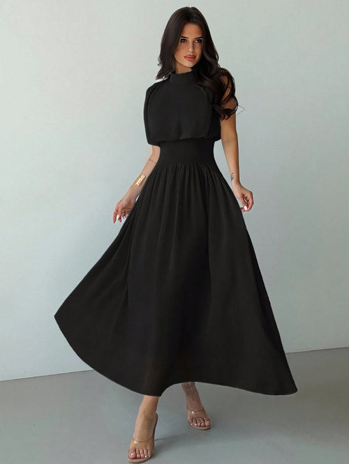 Firerie Women's Black Summer Elegant High Neck Cinched Waist A-Line Maxi Dress,Party Night Boho Beach Vacation Wedding Graduation Prom Performance Outfit