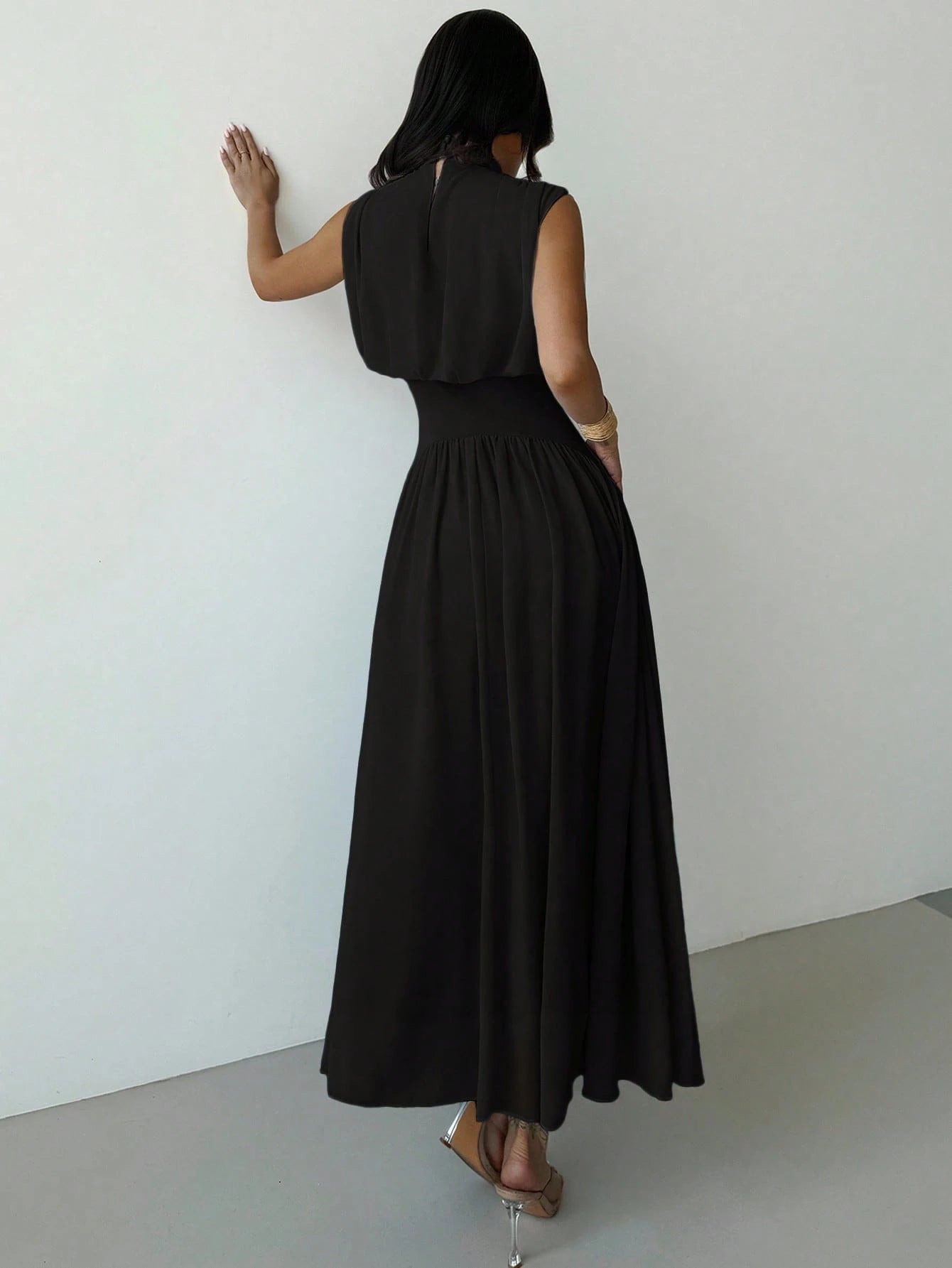 Firerie Women's Black Summer Elegant High Neck Cinched Waist A-Line Maxi Dress,Party Night Boho Beach Vacation Wedding Graduation Prom Performance Outfit