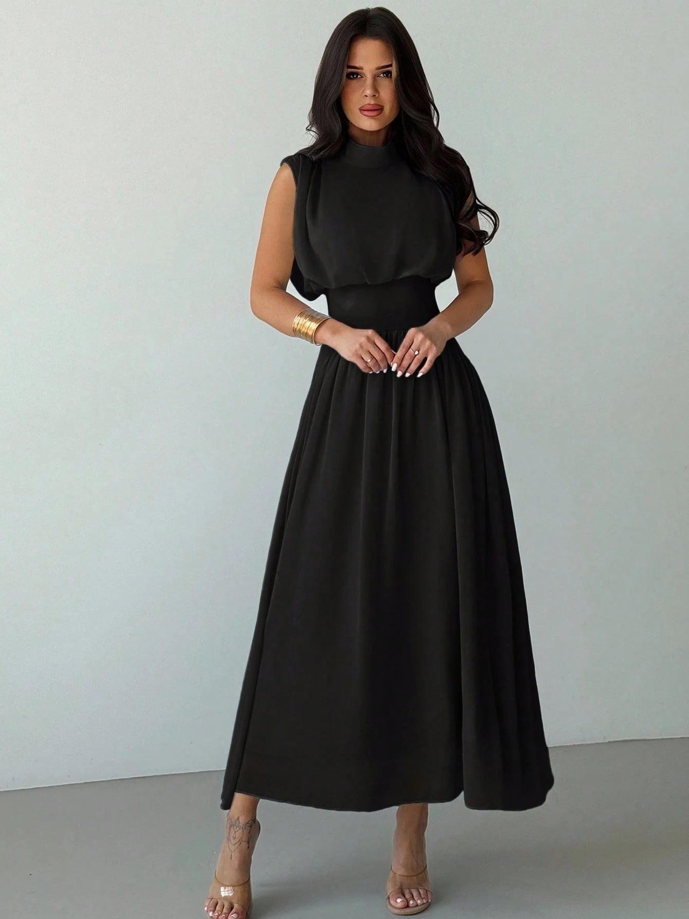Firerie Women's Black Summer Elegant High Neck Cinched Waist A-Line Maxi Dress,Party Night Boho Beach Vacation Wedding Graduation Prom Performance Outfit