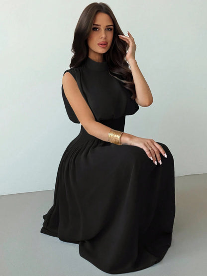 Firerie Women's Black Summer Elegant High Neck Cinched Waist A-Line Maxi Dress,Party Night Boho Beach Vacation Wedding Graduation Prom Performance Outfit