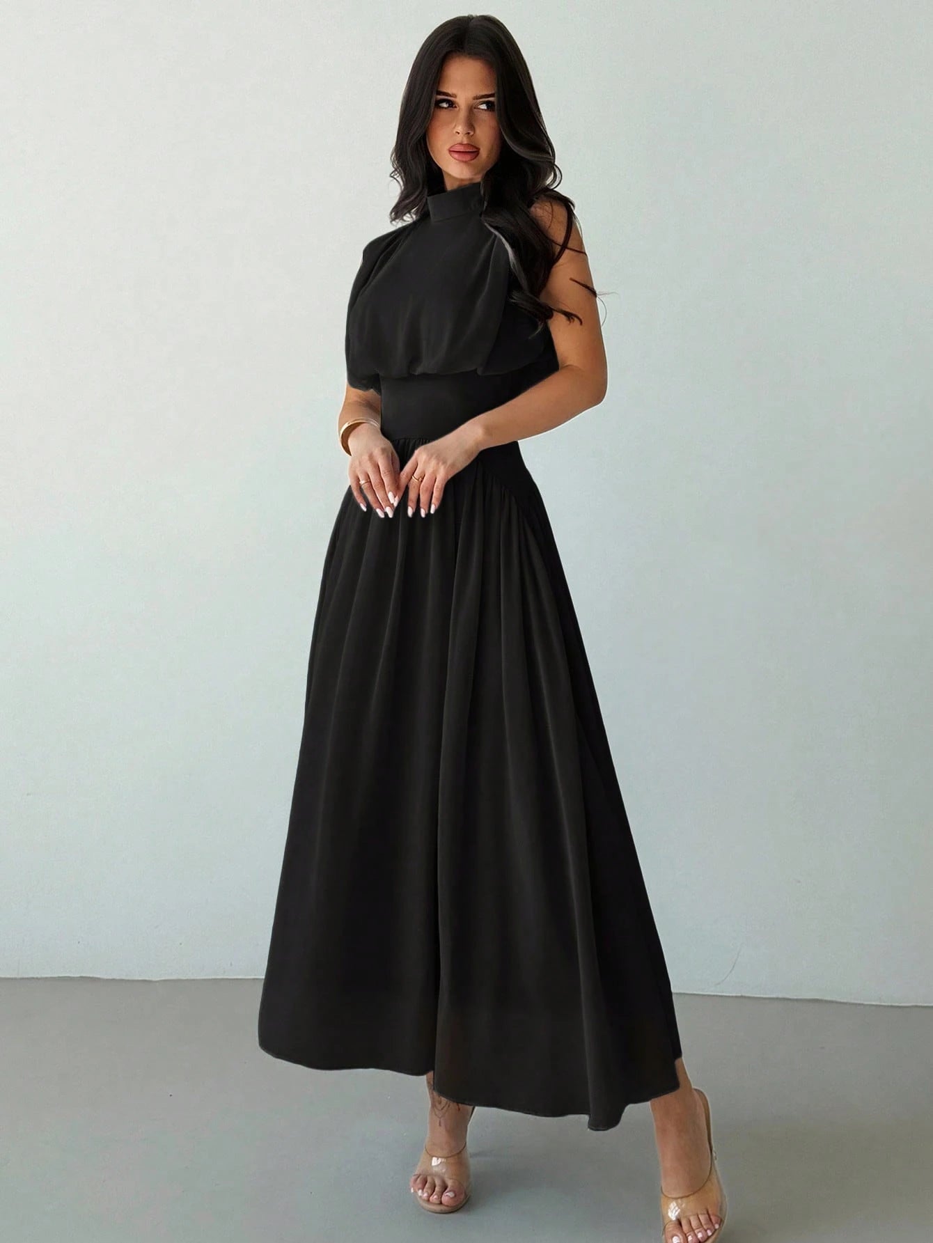 Firerie Women's Black Summer Elegant High Neck Cinched Waist A-Line Maxi Dress,Party Night Boho Beach Vacation Wedding Graduation Prom Performance Outfit