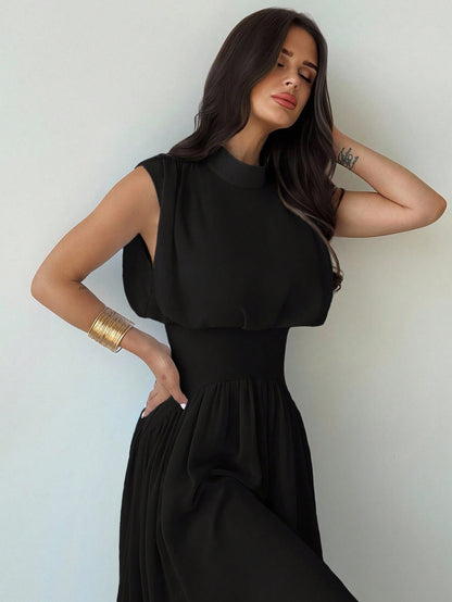 Firerie Women's Black Summer Elegant High Neck Cinched Waist A-Line Maxi Dress,Party Night Boho Beach Vacation Wedding Graduation Prom Performance Outfit