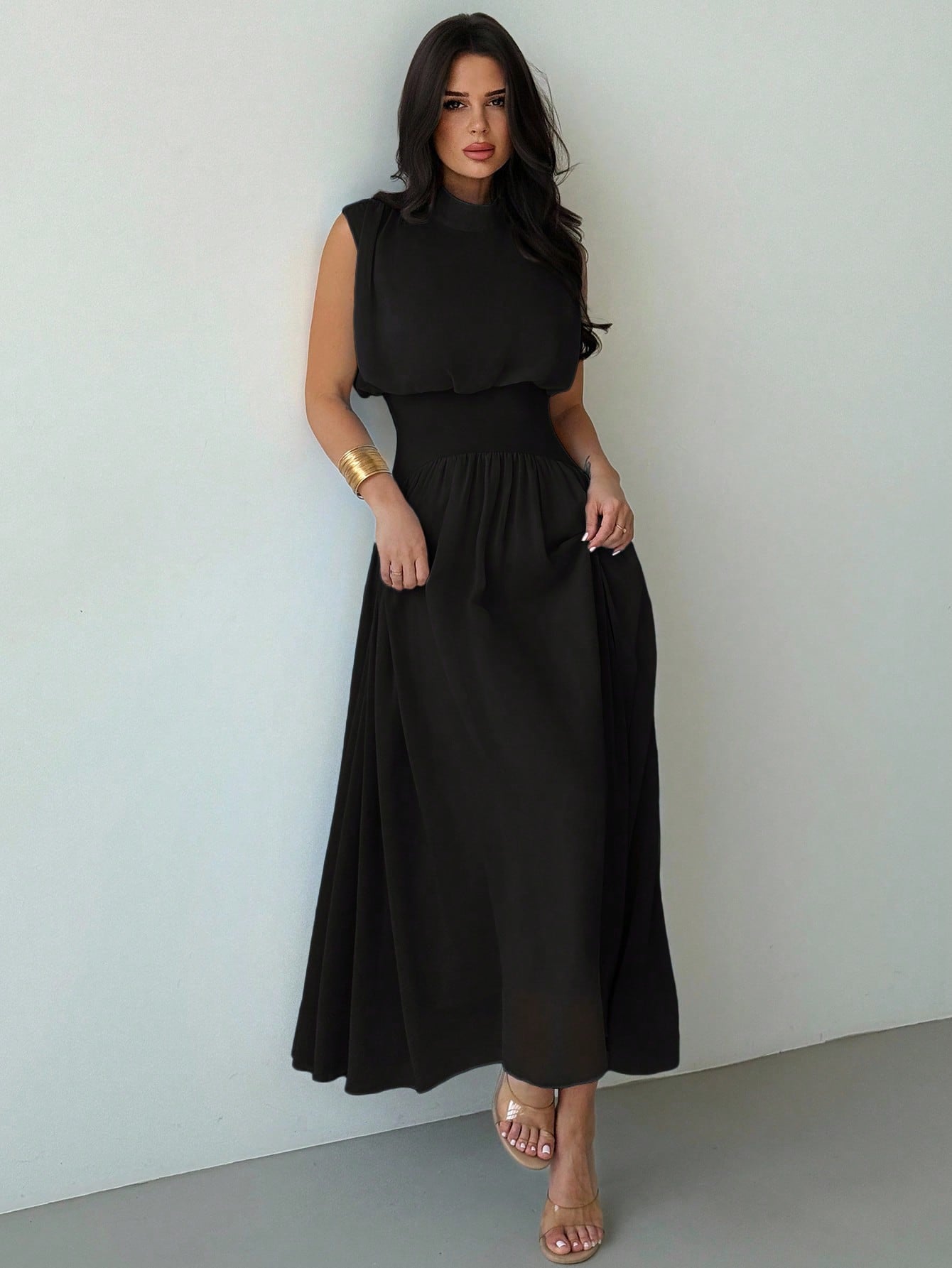 Firerie Women's Black Summer Elegant High Neck Cinched Waist A-Line Maxi Dress,Party Night Boho Beach Vacation Wedding Graduation Prom Performance Outfit