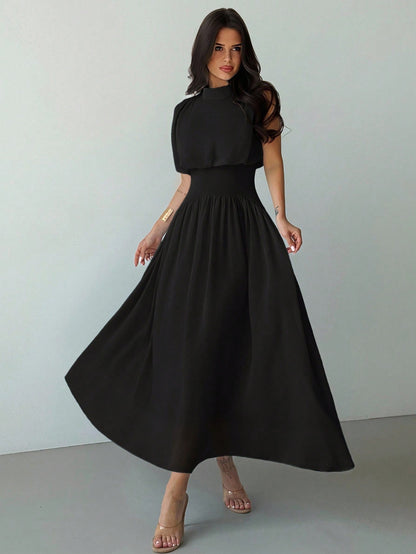 Firerie Women's Black Summer Elegant High Neck Cinched Waist A-Line Maxi Dress,Party Night Boho Beach Vacation Wedding Graduation Prom Performance Outfit