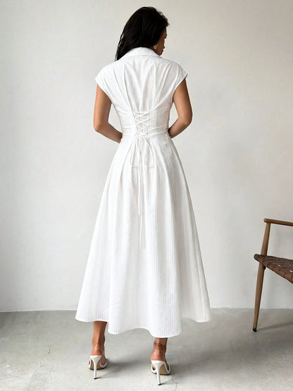 Firerie Women's Blue And White Striped Cap Sleeve Cinched Waist A-Line Midi Dress, Tie Waist Dress, Casual Commute Shirt Dress, Casual Daily Collar Dress, Cinched Waist Striped Professional Midi Dress