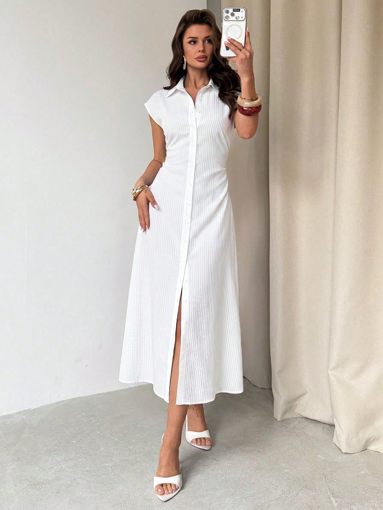 Firerie Women's Blue And White Striped Cap Sleeve Cinched Waist A-Line Midi Dress, Tie Waist Dress, Casual Commute Shirt Dress, Casual Daily Collar Dress, Cinched Waist Striped Professional Midi Dress