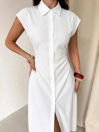 Firerie Women's Blue And White Striped Cap Sleeve Cinched Waist A-Line Midi Dress, Tie Waist Dress, Casual Commute Shirt Dress, Casual Daily Collar Dress, Cinched Waist Striped Professional Midi Dress