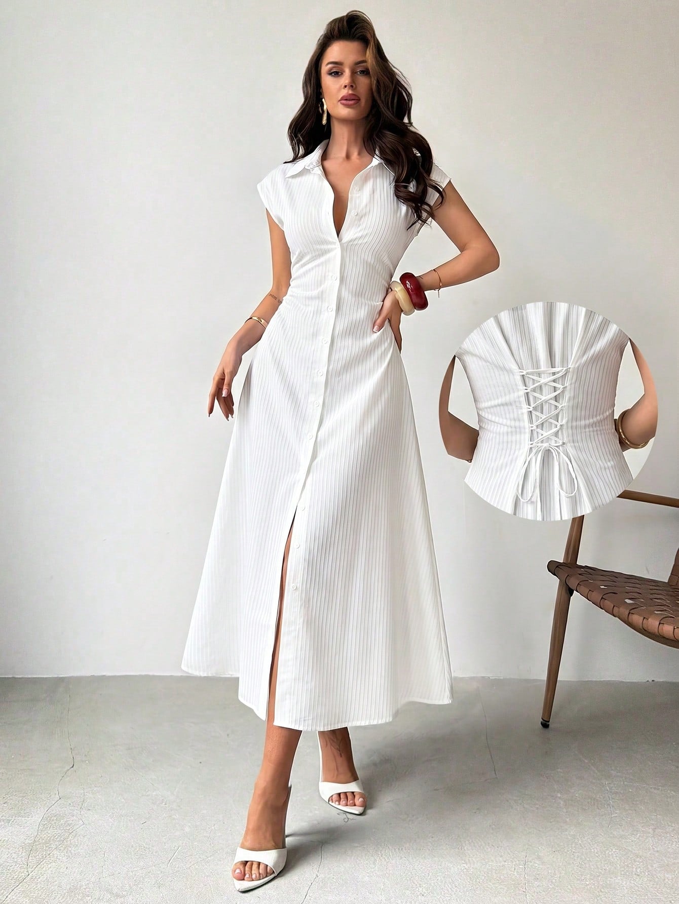 Firerie Women's Blue And White Striped Cap Sleeve Cinched Waist A-Line Midi Dress, Tie Waist Dress, Casual Commute Shirt Dress, Casual Daily Collar Dress, Cinched Waist Striped Professional Midi Dress