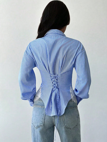 Firerie Women's Blue And White Striped Long Sleeve Shirt, Back Ruched Shirt, Daily Commute Shirt, Vacation Shirt, Waist-Cinching Striped Shirt, Spring Summer Autumn Winter Clothing Commute, Elegant, V