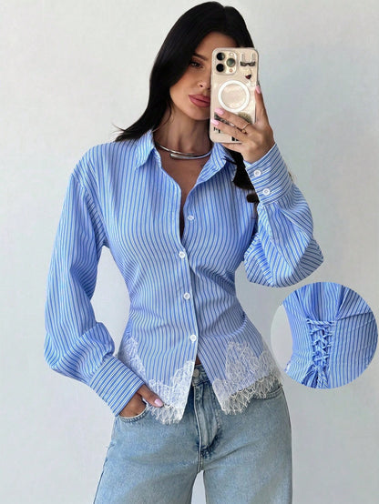Firerie Women's Blue And White Striped Long Sleeve Shirt, Back Ruched Shirt, Daily Commute Shirt, Vacation Shirt, Waist-Cinching Striped Shirt, Spring Summer Autumn Winter Clothing Commute, Elegant, V