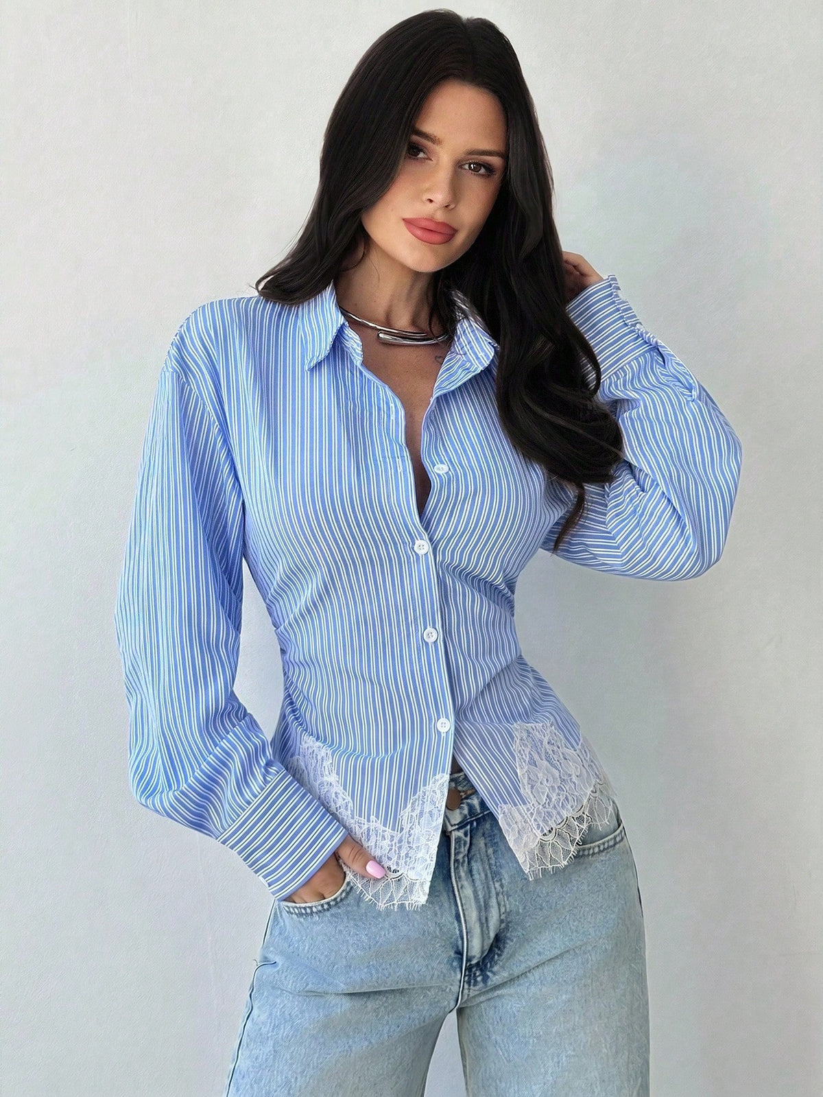 Firerie Women's Blue And White Striped Long Sleeve Shirt, Back Ruched Shirt, Daily Commute Shirt, Vacation Shirt, Waist-Cinching Striped Shirt, Spring Summer Autumn Winter Clothing Commute, Elegant, V